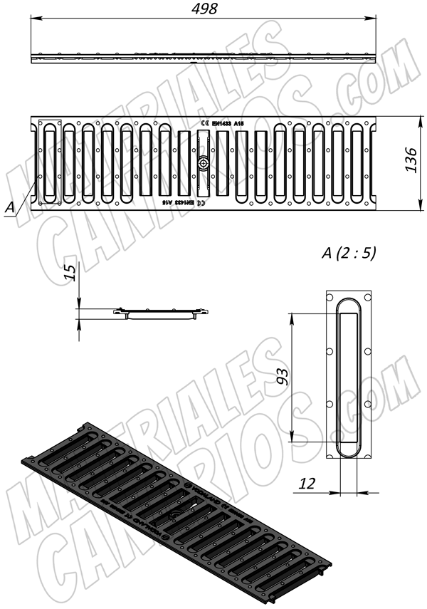 Rejilla plástica de 136x498 mm en plástico